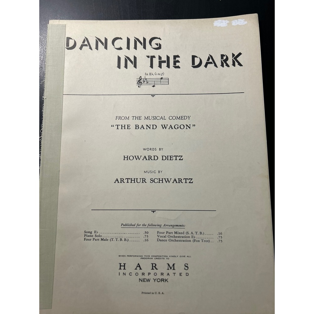 Sheet Music Dancing In The Dark Band Wagon Howard Dietz Arthur Schwartz Harm Inc